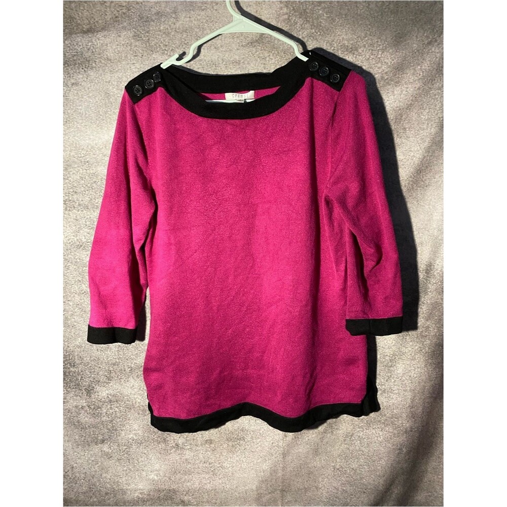 Spense Women L Fuchsia Pink Knit Top Shoulder Buttons 3/4 Sleeve Black Trim⁠